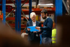 Konsulenter fra Logisnext Denmark gennemgår logistikplan i lager med reoler