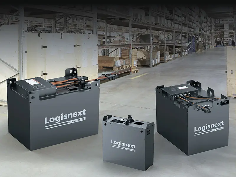 Logisnext Denmark litium-ion batterier i tre størrelser opstillet i lager