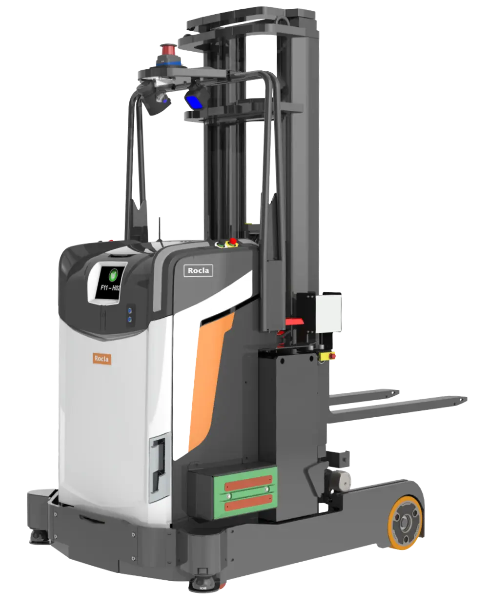 Rocla autonom truck (AGV) med hög mast och gafflar på vit bakgrund – automatiserad lagerlösning från Logisnext