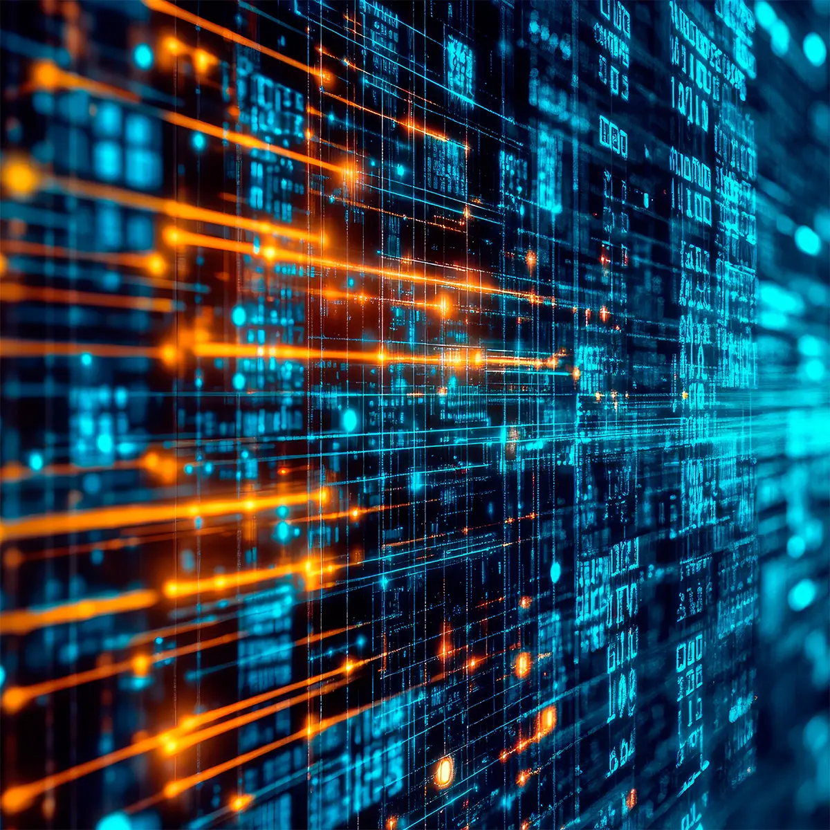 Abstrakt digital illustration med blå och orange datalinjer och binär kod